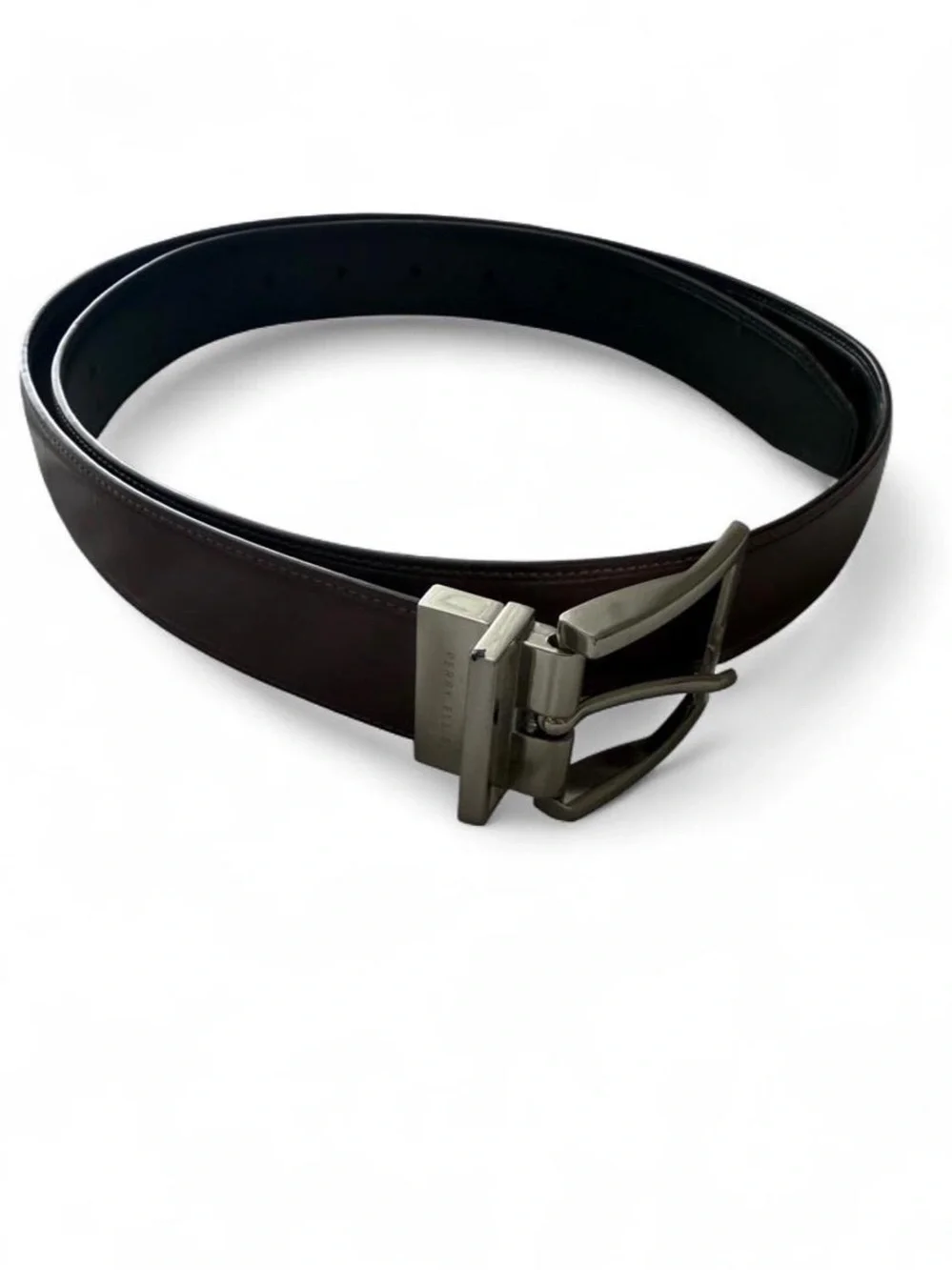 Perry Ellis Dark Brown Bonded Leather Dress Belt Men’s Size 38/95 Silver Buckle